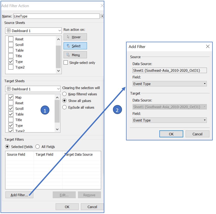 Add action for line chart to filter other visualisations