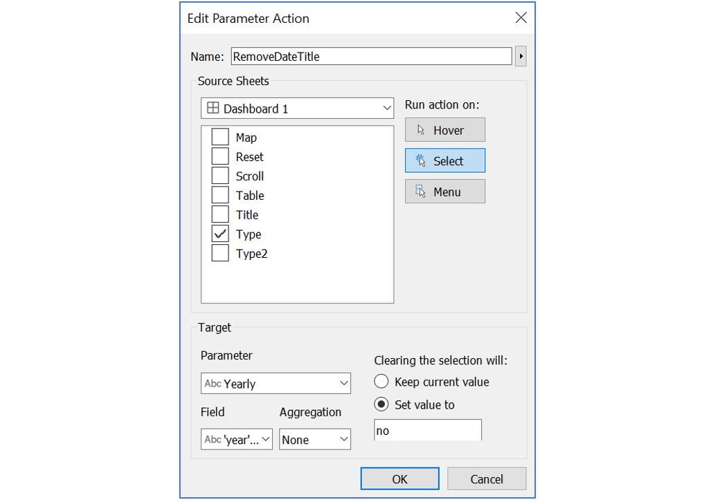 Add parameter action for _Yearly_ upon filtering on line chart