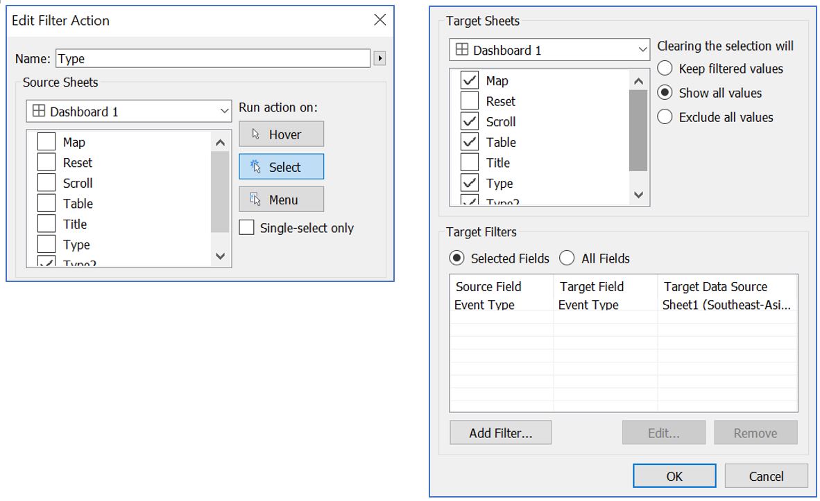 Add filter action for event type from _Type2_ table