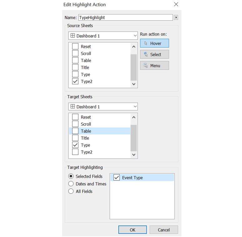 Highlight action when hovering event type
